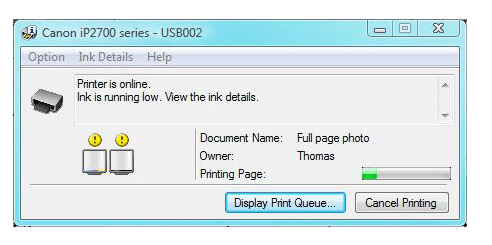 Low Ink Warning on Canon Printer