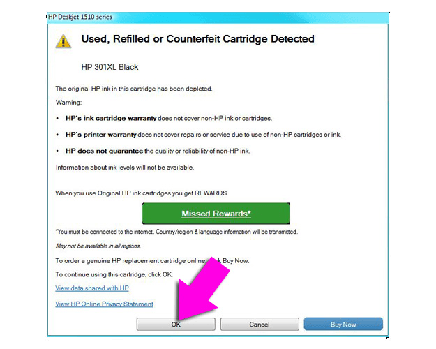 HP 301 Used or Refilled Detected
