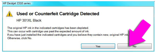 HP 301 Used or Conterfeit Detected